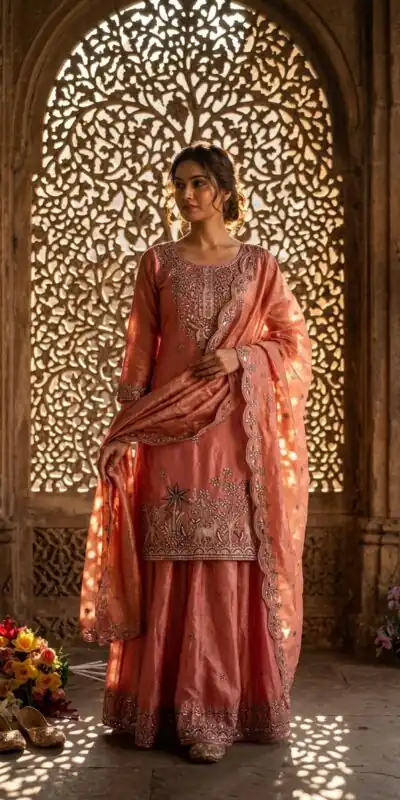 WW 1280 Peach Fendy Silk Salwar Suitwith Embroidery Work & Lace Work. Now at just ₹2449. Delivery 4-6 Working Days. Shop now. | Jump Suits, Straight Suits, Casual Suits, Creative suits, Designer Suits, Palazzo Suits, Party Wear Suits, Patiala Suits, Salwar suit