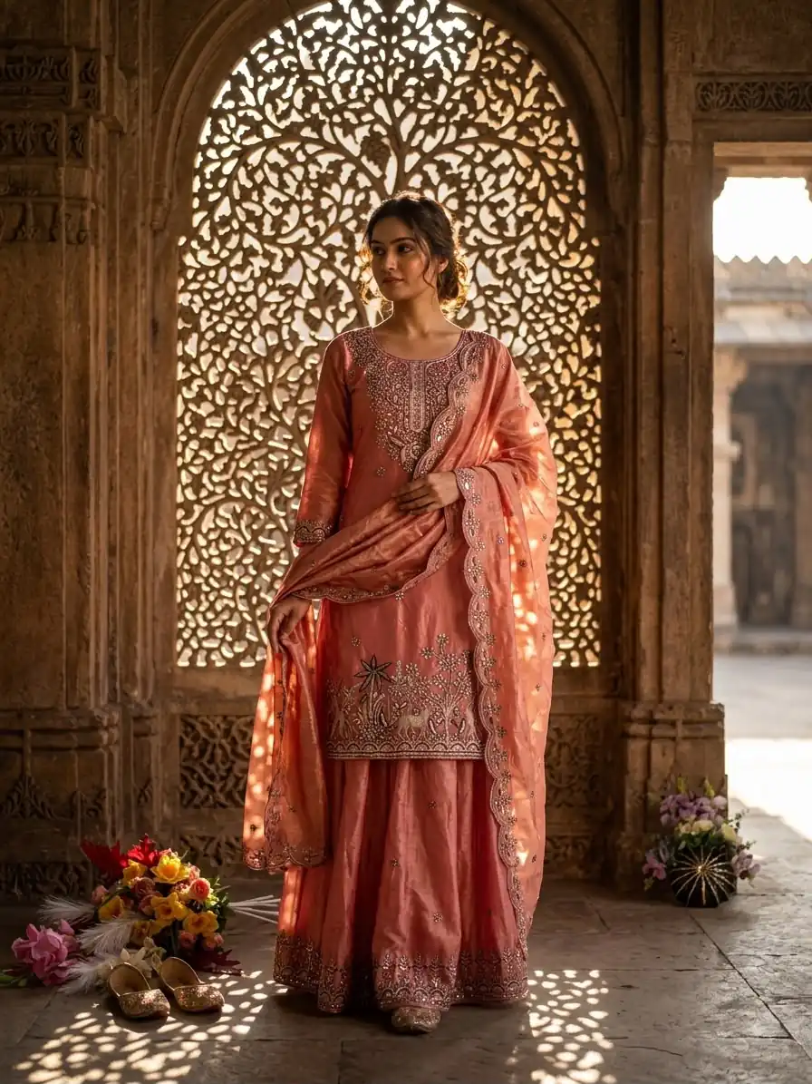 WW 1280 Peach Fendy Silk Salwar Suitwith Embroidery Work & Lace Work. Now at just ₹2449. Delivery 4-6 Working Days. Shop now. | Jump Suits, Straight Suits, Casual Suits, Creative suits, Designer Suits, Palazzo Suits, Party Wear Suits, Patiala Suits, Salwar suit