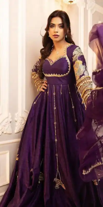 ST 1039 in Purple Blooming Vichitra Zari Work & Embroidery Work Gown . Festive Deal ₹2399. Delivery 4-6 Working Days. Shop now. | Bollywood Gowns, Creative Gowns, Designer Gowns, Embroidered Gowns, Gowns, Party Wear Gowns