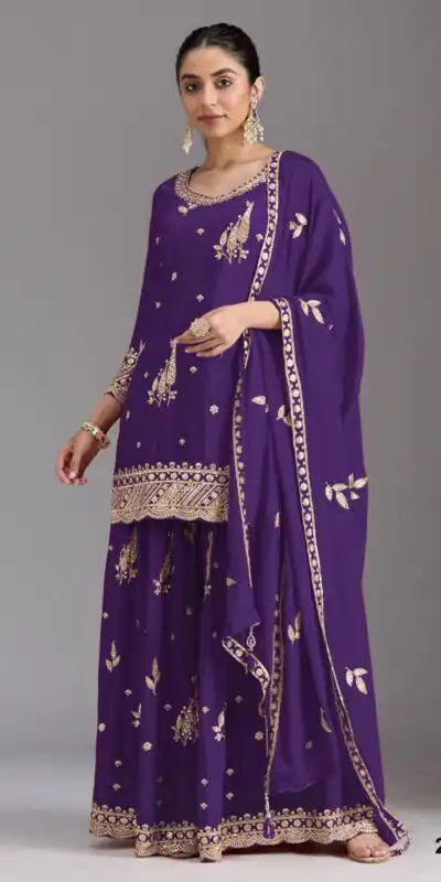 FC 2120 Purple Color chinon Print Silk with Dall Crepe Sharara Suit Wedding, Party, Festive, Events Etc.  Expected Delivery 4-6 Working Days @2399/- | Jump Suits, Straight Suits, Casual Suits, Creative suits, Designer Suits, Palazzo Suits, Party Wear Suits, Patiala Suits, Salwar suit