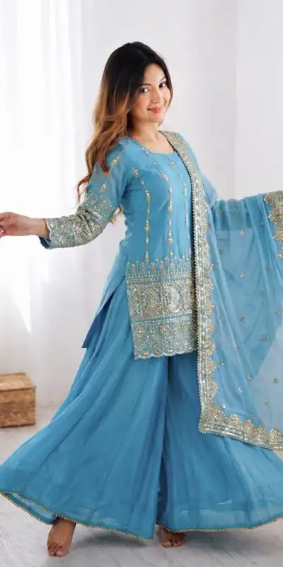 ZF 430 Sky Blue Vichitra Silk Salwar Suit with Embroidery Work. Wedding, Party, Festive, Events, Grab it for ₹2399. Delivery 4-6 Working Days. Shop now. | Jump Suits, Straight Suits, Casual Suits, Creative suits, Designer Suits, Palazzo Suits, Party Wear Suits, Patiala Suits, Salwar suit