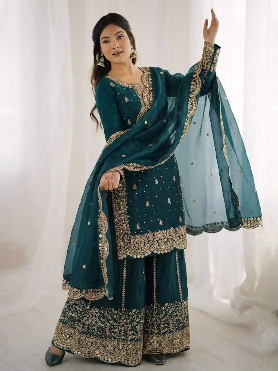 ZSR 3167 Teal Fendy Silk Salwar Suitwith Embroidery Work & Lace Work. Now at just ₹2149. Delivery 4-6 Working Days. Shop now. | Jump Suits, Straight Suits, Casual Suits, Creative suits, Designer Suits, Palazzo Suits, Party Wear Suits, Patiala Suits, Salwar suit