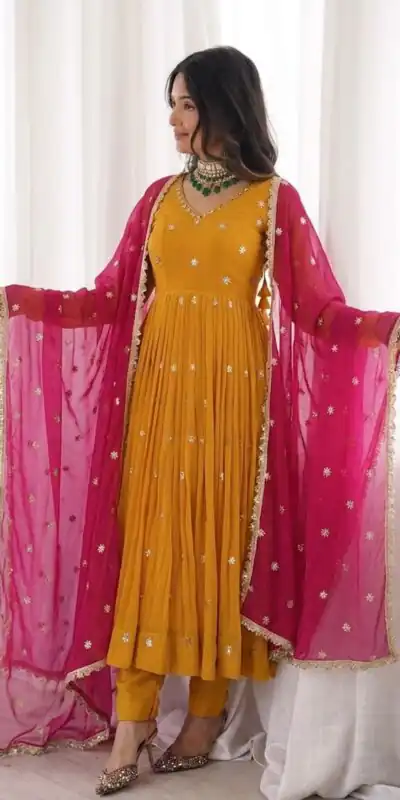 SRK 5313 Yellow in Faux Georgette Embroidery Work Salwar Suit . Available at ₹2099 only. Delivery 4-6 Working Days. Shop now. | Jump Suits, Straight Suits, Casual Suits, Creative suits, Designer Suits, Palazzo Suits, Party Wear Suits, Patiala Suits, Salwar suit