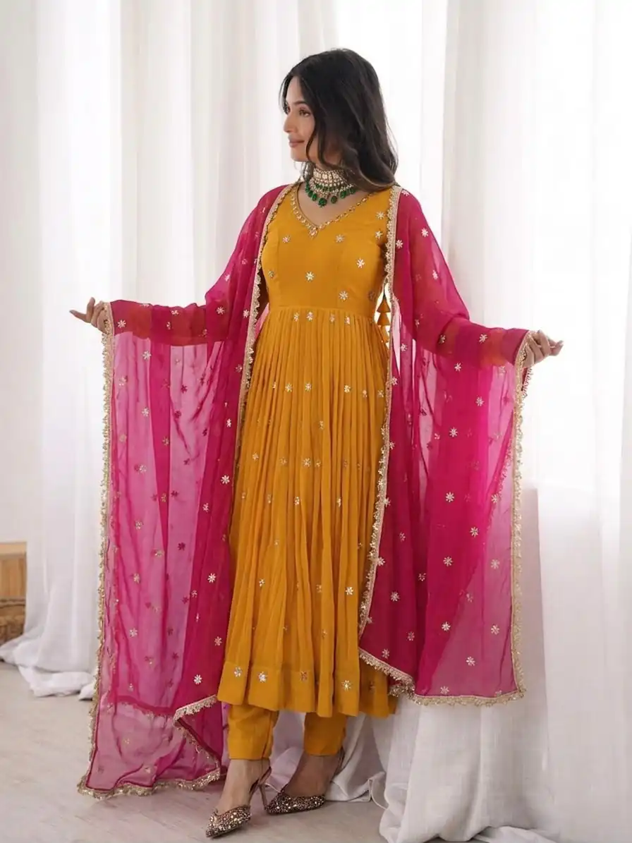 SRK 5313 Yellow in Faux Georgette Embroidery Work Salwar Suit . Available at ₹2099 only. Delivery 4-6 Working Days. Shop now. | Jump Suits, Straight Suits, Casual Suits, Creative suits, Designer Suits, Palazzo Suits, Party Wear Suits, Patiala Suits, Salwar suit