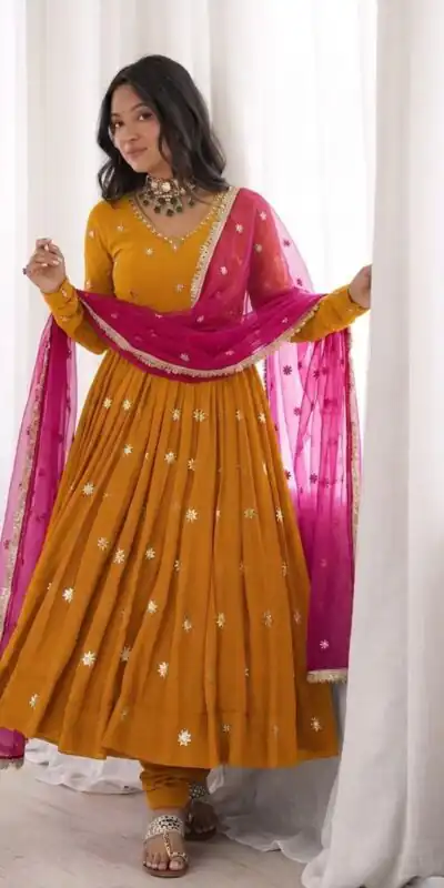 SRK 5313 Yellow in Faux Georgette Embroidery Work Salwar Suit . Available at ₹2099 only. Delivery 4-6 Working Days. Shop now. | Jump Suits, Straight Suits, Casual Suits, Creative suits, Designer Suits, Palazzo Suits, Party Wear Suits, Patiala Suits, Salwar suit