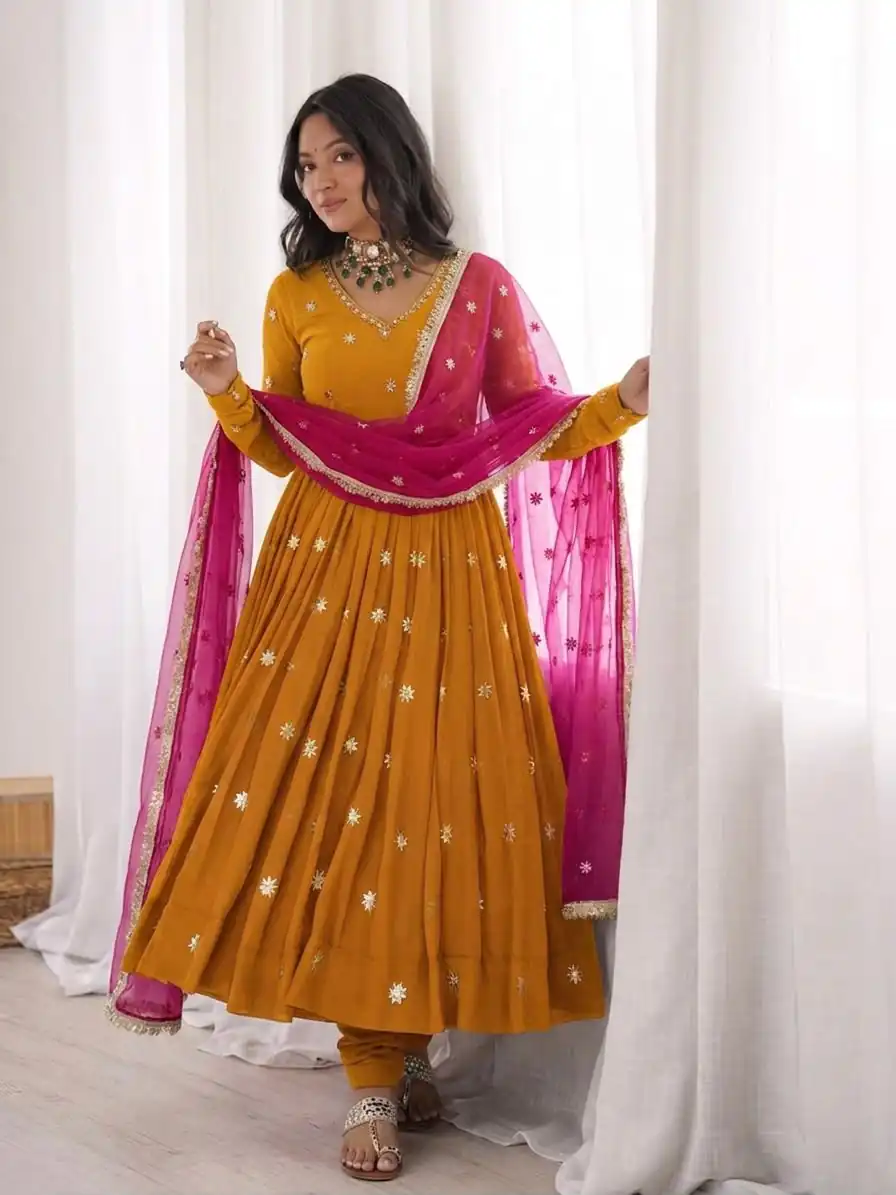SRK 5313 Yellow in Faux Georgette Embroidery Work Salwar Suit . Available at ₹2099 only. Delivery 4-6 Working Days. Shop now. | Jump Suits, Straight Suits, Casual Suits, Creative suits, Designer Suits, Palazzo Suits, Party Wear Suits, Patiala Suits, Salwar suit
