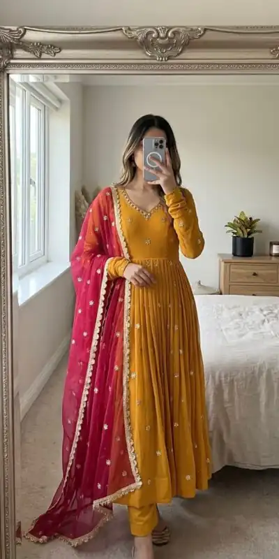 SRK 5313 Yellow in Faux Georgette Embroidery Work Salwar Suit . Available at ₹2099 only. Delivery 4-6 Working Days. Shop now. | Jump Suits, Straight Suits, Casual Suits, Creative suits, Designer Suits, Palazzo Suits, Party Wear Suits, Patiala Suits, Salwar suit