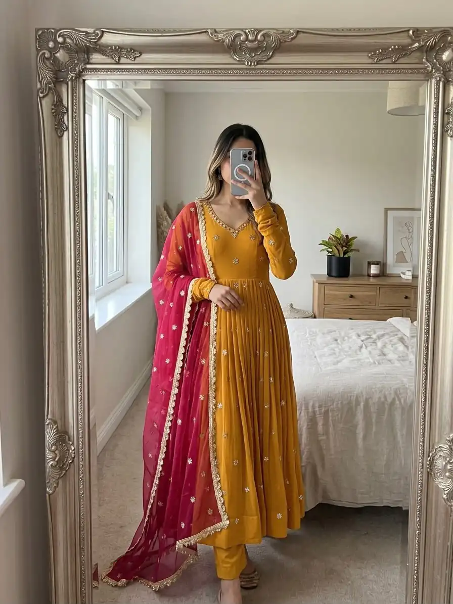 SRK 5313 Yellow in Faux Georgette Embroidery Work Salwar Suit . Available at ₹2099 only. Delivery 4-6 Working Days. Shop now. | Jump Suits, Straight Suits, Casual Suits, Creative suits, Designer Suits, Palazzo Suits, Party Wear Suits, Patiala Suits, Salwar suit