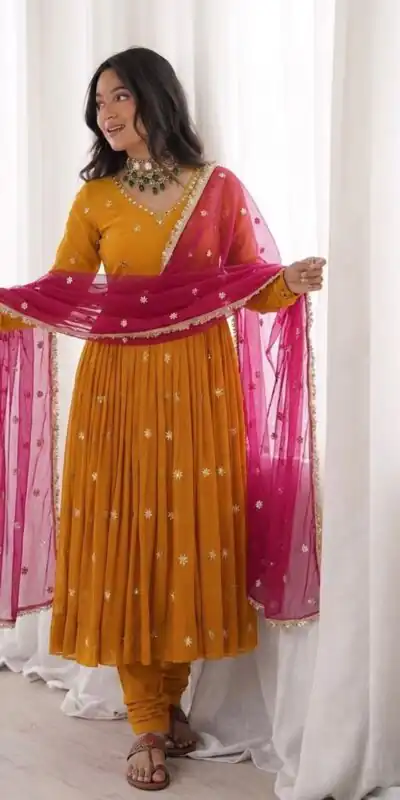 SRK 5313 Yellow in Faux Georgette Embroidery Work Salwar Suit . Available at ₹2099 only. Delivery 4-6 Working Days. Shop now. | Jump Suits, Straight Suits, Casual Suits, Creative suits, Designer Suits, Palazzo Suits, Party Wear Suits, Patiala Suits, Salwar suit