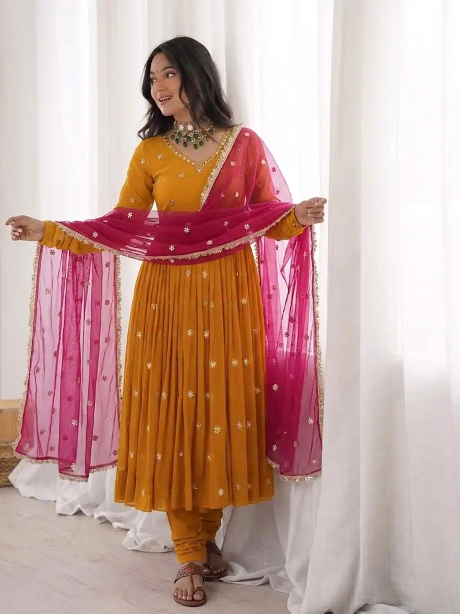 SRK 5313 Yellow in Faux Georgette Embroidery Work Salwar Suit . Available at ₹2099 only. Delivery 4-6 Working Days. Shop now. | Jump Suits, Straight Suits, Casual Suits, Creative suits, Designer Suits, Palazzo Suits, Party Wear Suits, Patiala Suits, Salwar suit
