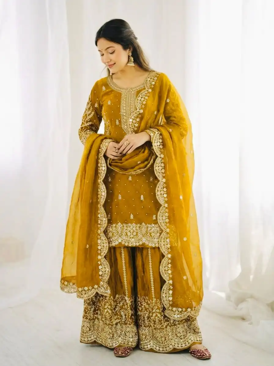 ZSR 3167 Yellow Fendy Silk Salwar Suitwith Embroidery Work & Lace Work. Now at just ₹2149. Delivery 4-6 Working Days. Shop now. | Jump Suits, Straight Suits, Casual Suits, Creative suits, Designer Suits, Palazzo Suits, Party Wear Suits, Patiala Suits, Salwar suit