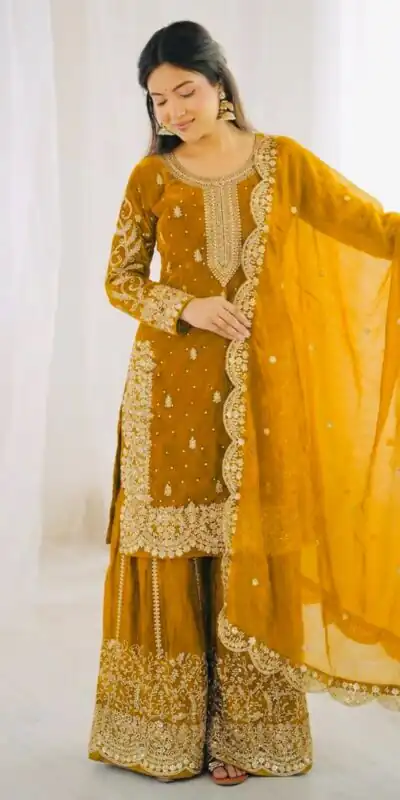 ZSR 3167 Yellow Fendy Silk Salwar Suitwith Embroidery Work & Lace Work. Now at just ₹2149. Delivery 4-6 Working Days. Shop now. | Jump Suits, Straight Suits, Casual Suits, Creative suits, Designer Suits, Palazzo Suits, Party Wear Suits, Patiala Suits, Salwar suit