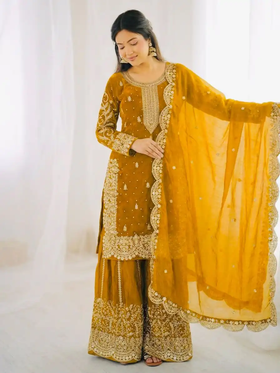 ZSR 3167 Yellow Fendy Silk Salwar Suitwith Embroidery Work & Lace Work. Now at just ₹2149. Delivery 4-6 Working Days. Shop now. | Jump Suits, Straight Suits, Casual Suits, Creative suits, Designer Suits, Palazzo Suits, Party Wear Suits, Patiala Suits, Salwar suit