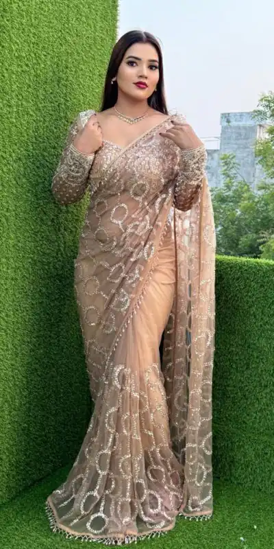 DF 3490 Chiku Color Butterfly Net Heavy 5mm Sequins Embroidery work Saree Casual, Wedding, Festive, Events . Expected Delivery 4-6 Working Days @1799/- only | Bollywood Sarees, Creative Sarees, Designer Sarees, Embroidered Sarees, Ethnic Saree, Modern Digital sarees, Party Wear Sarees, Sarees