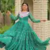 Ram 130 Green in Colour Faux Georgette Bandhani Print Work Gown. Available at ₹1749 only. Delivery 4-6 Working Days. Shop now. | Bollywood Gowns, Creative Gowns, Designer Gowns, Embroidered Gowns, Gowns, Party Wear Gowns