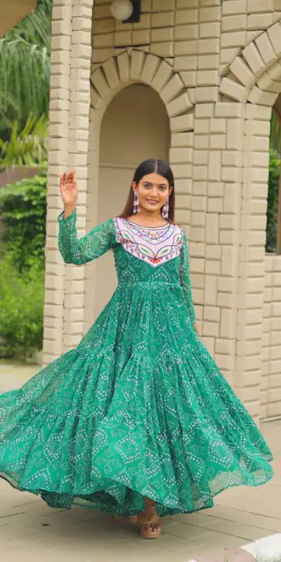 Ram 130 Green in Colour Faux Georgette Bandhani Print Work Gown. Available at ₹1749 only. Delivery 4-6 Working Days. Shop now. | Bollywood Gowns, Creative Gowns, Designer Gowns, Embroidered Gowns, Gowns, Party Wear Gowns
