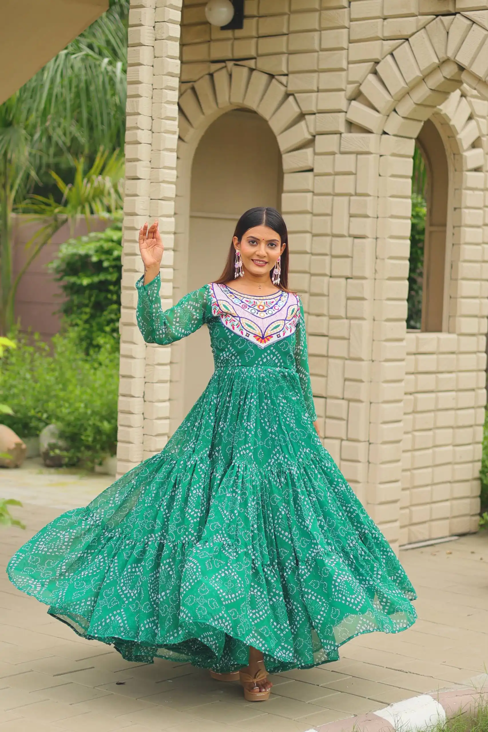 Ram 130 Green in Colour Faux Georgette Bandhani Print Work Gown. Available at ₹1749 only. Delivery 4-6 Working Days. Shop now. | Bollywood Gowns, Creative Gowns, Designer Gowns, Embroidered Gowns, Gowns, Party Wear Gowns