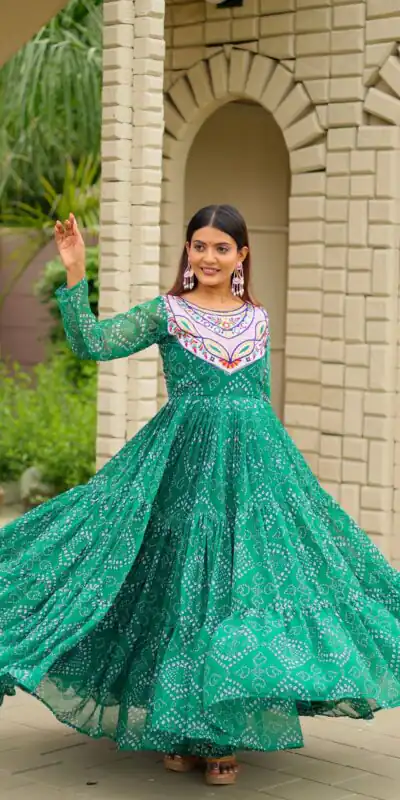 Ram 130 Green in Colour Faux Georgette Bandhani Print Work Gown. Available at ₹1749 only. Delivery 4-6 Working Days. Shop now. | Bollywood Gowns, Creative Gowns, Designer Gowns, Embroidered Gowns, Gowns, Party Wear Gowns