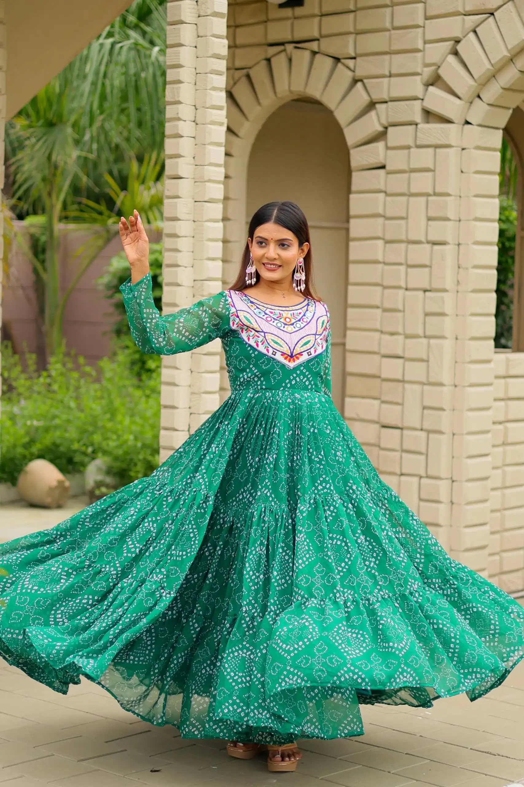 Ram 130 Green in Colour Faux Georgette Bandhani Print Work Gown. Available at ₹1749 only. Delivery 4-6 Working Days. Shop now. | Bollywood Gowns, Creative Gowns, Designer Gowns, Embroidered Gowns, Gowns, Party Wear Gowns
