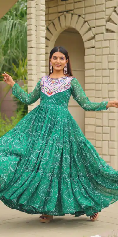 Ram 130 Green in Colour Faux Georgette Bandhani Print Work Gown. Available at ₹1749 only. Delivery 4-6 Working Days. Shop now. | Bollywood Gowns, Creative Gowns, Designer Gowns, Embroidered Gowns, Gowns, Party Wear Gowns