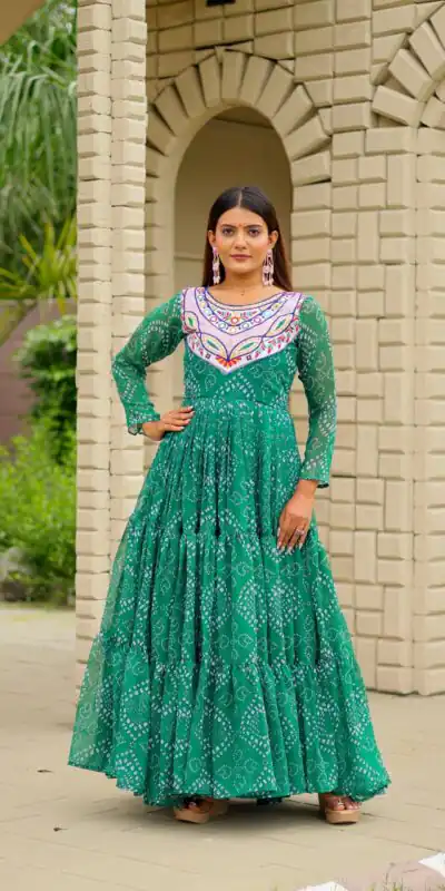 Ram 130 Green in Colour Faux Georgette Bandhani Print Work Gown. Available at ₹1749 only. Delivery 4-6 Working Days. Shop now. | Bollywood Gowns, Creative Gowns, Designer Gowns, Embroidered Gowns, Gowns, Party Wear Gowns