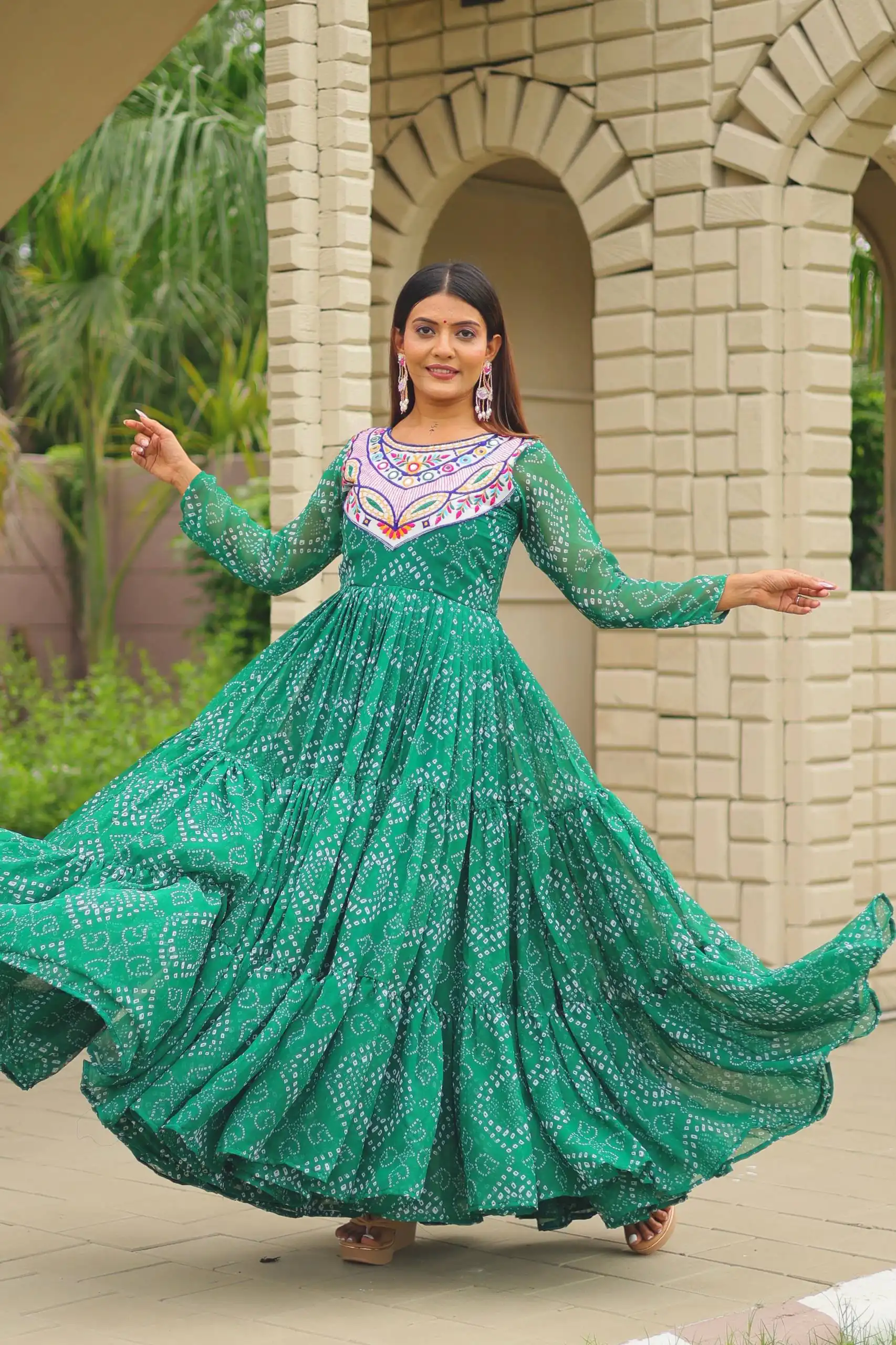 Ram 130 Green in Colour Faux Georgette Bandhani Print Work Gown. Available at ₹1749 only. Delivery 4-6 Working Days. Shop now. | Bollywood Gowns, Creative Gowns, Designer Gowns, Embroidered Gowns, Gowns, Party Wear Gowns