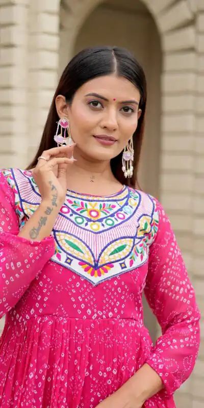 Ram 130 Pink in Colour Faux Georgette Bandhani Print Work Gown. Available at ₹1749 only. Delivery 4-6 Working Days. Shop now. | Bollywood Gowns, Creative Gowns, Designer Gowns, Embroidered Gowns, Gowns, Party Wear Gowns