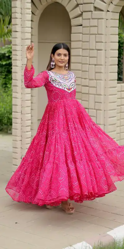 Ram 130 Pink in Colour Faux Georgette Bandhani Print Work Gown. Available at ₹1749 only. Delivery 4-6 Working Days. Shop now. | Bollywood Gowns, Creative Gowns, Designer Gowns, Embroidered Gowns, Gowns, Party Wear Gowns