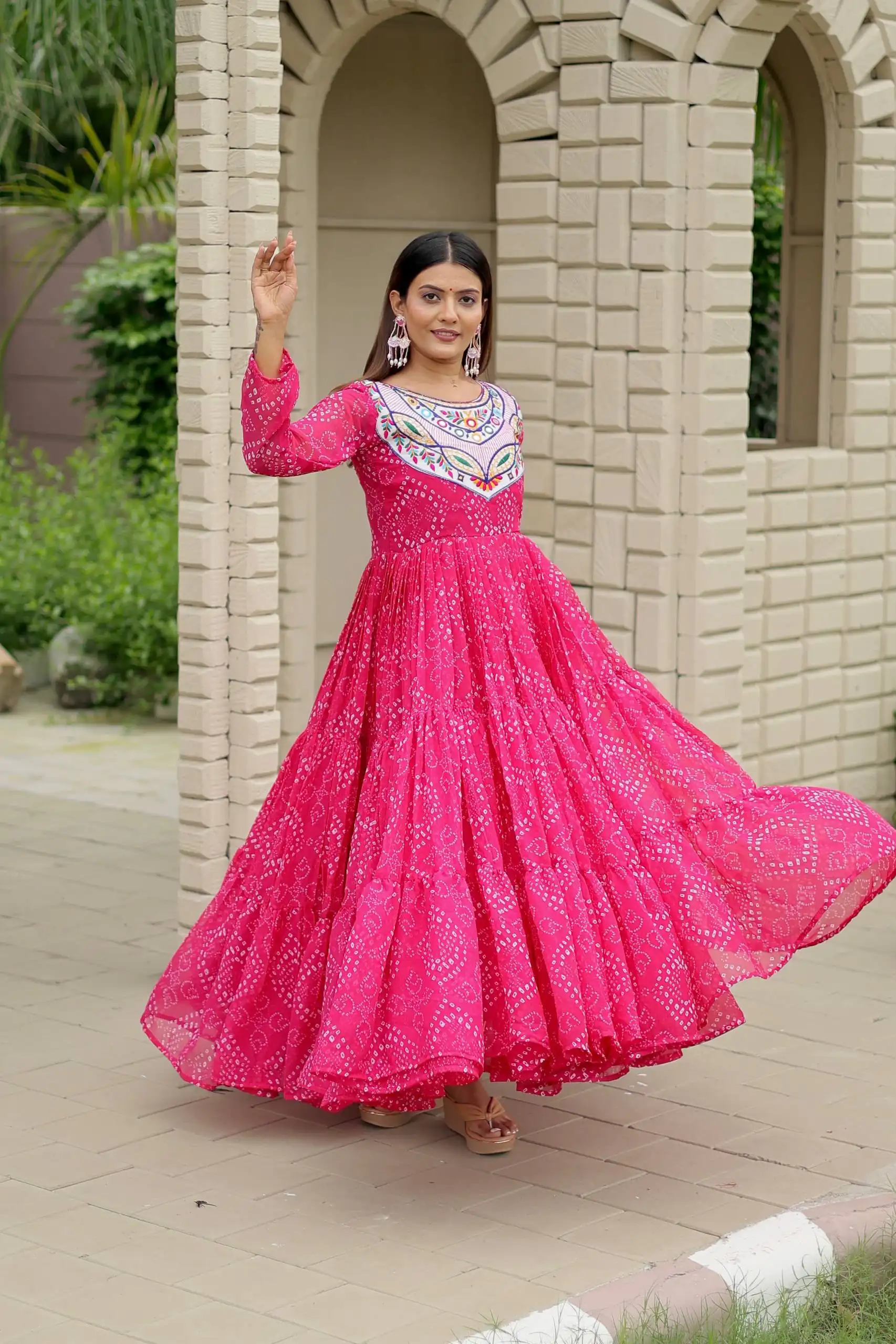Ram 130 Pink in Colour Faux Georgette Bandhani Print Work Gown. Available at ₹1749 only. Delivery 4-6 Working Days. Shop now. | Bollywood Gowns, Creative Gowns, Designer Gowns, Embroidered Gowns, Gowns, Party Wear Gowns