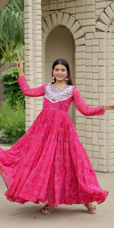 Ram 130 Pink in Colour Faux Georgette Bandhani Print Work Gown. Available at ₹1749 only. Delivery 4-6 Working Days. Shop now. | Bollywood Gowns, Creative Gowns, Designer Gowns, Embroidered Gowns, Gowns, Party Wear Gowns