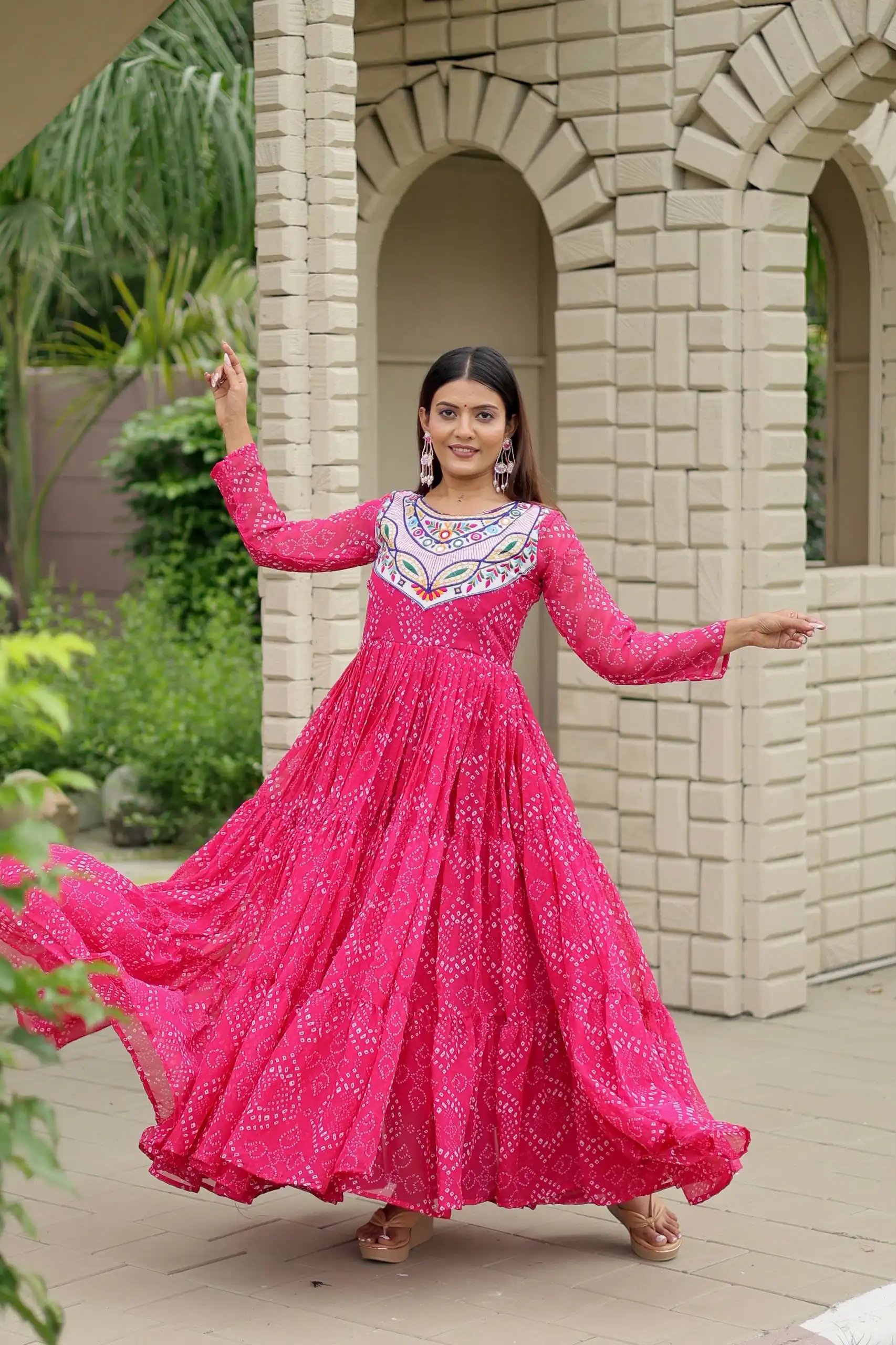 Ram 130 Pink in Colour Faux Georgette Bandhani Print Work Gown. Available at ₹1749 only. Delivery 4-6 Working Days. Shop now. | Bollywood Gowns, Creative Gowns, Designer Gowns, Embroidered Gowns, Gowns, Party Wear Gowns