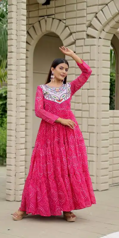 Ram 130 Pink in Colour Faux Georgette Bandhani Print Work Gown. Available at ₹1749 only. Delivery 4-6 Working Days. Shop now. | Bollywood Gowns, Creative Gowns, Designer Gowns, Embroidered Gowns, Gowns, Party Wear Gowns