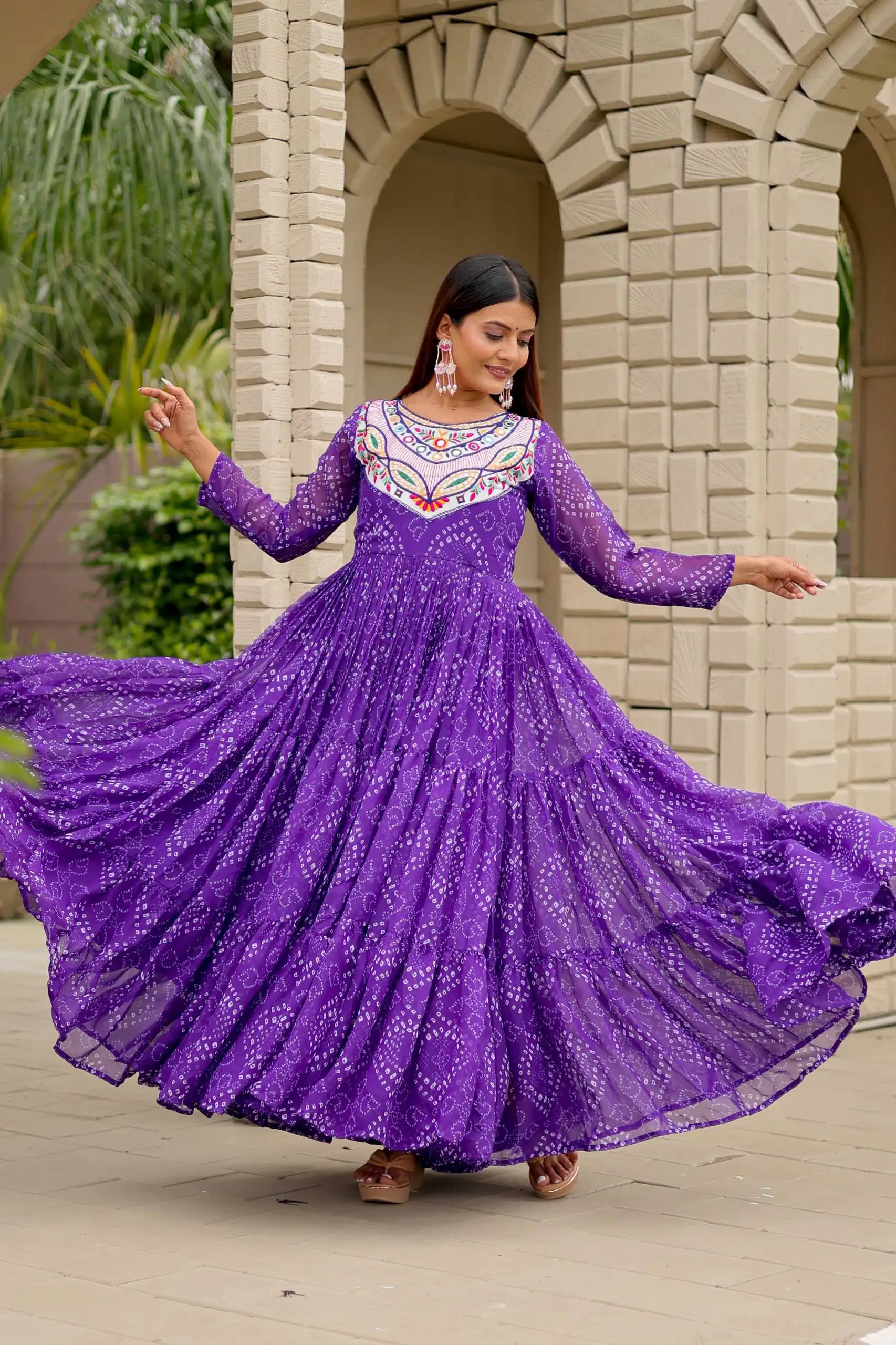 Ram 130 Purple in Colour Faux Georgette Bandhani Print Work Gown. Available at ₹1749 only. Delivery 4-6 Working Days. Shop now. | Bollywood Gowns, Creative Gowns, Designer Gowns, Embroidered Gowns, Gowns, Party Wear Gowns