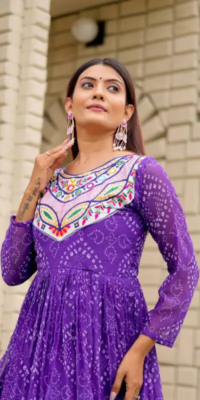 Ram 130 Purple in Colour Faux Georgette Bandhani Print Work Gown. Available at ₹1749 only. Delivery 4-6 Working Days. Shop now. | Bollywood Gowns, Creative Gowns, Designer Gowns, Embroidered Gowns, Gowns, Party Wear Gowns