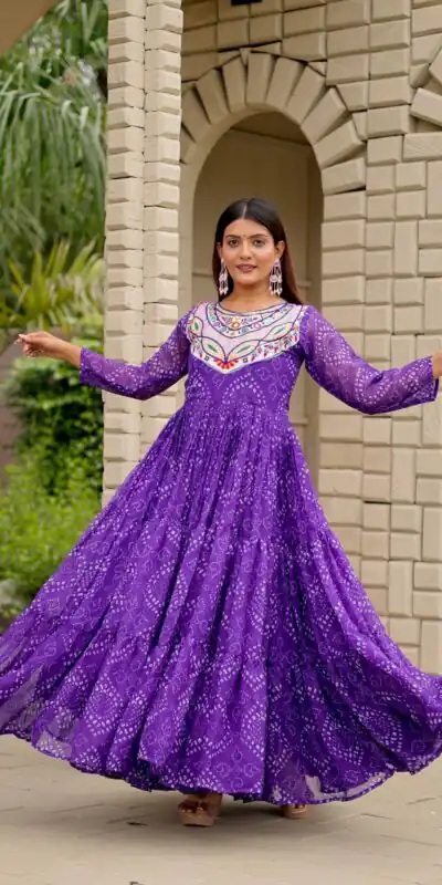 Ram 130 Purple in Colour Faux Georgette Bandhani Print Work Gown. Available at ₹1749 only. Delivery 4-6 Working Days. Shop now. | Bollywood Gowns, Creative Gowns, Designer Gowns, Embroidered Gowns, Gowns, Party Wear Gowns
