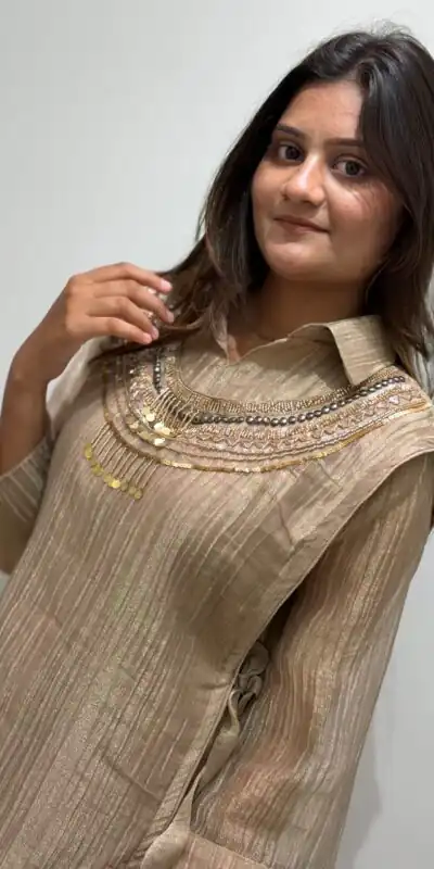 BE 484 Chiku Colour | Brown Salsa Silk Kurti with Hand Work. Get it for ₹2199. Delivery 4-6 Working Days. Online Shop now. | Bollywood Kurti, Creative Kurtis, Designer Kurti, Kurti, Party Wear Kurti, Selfie Kurti
