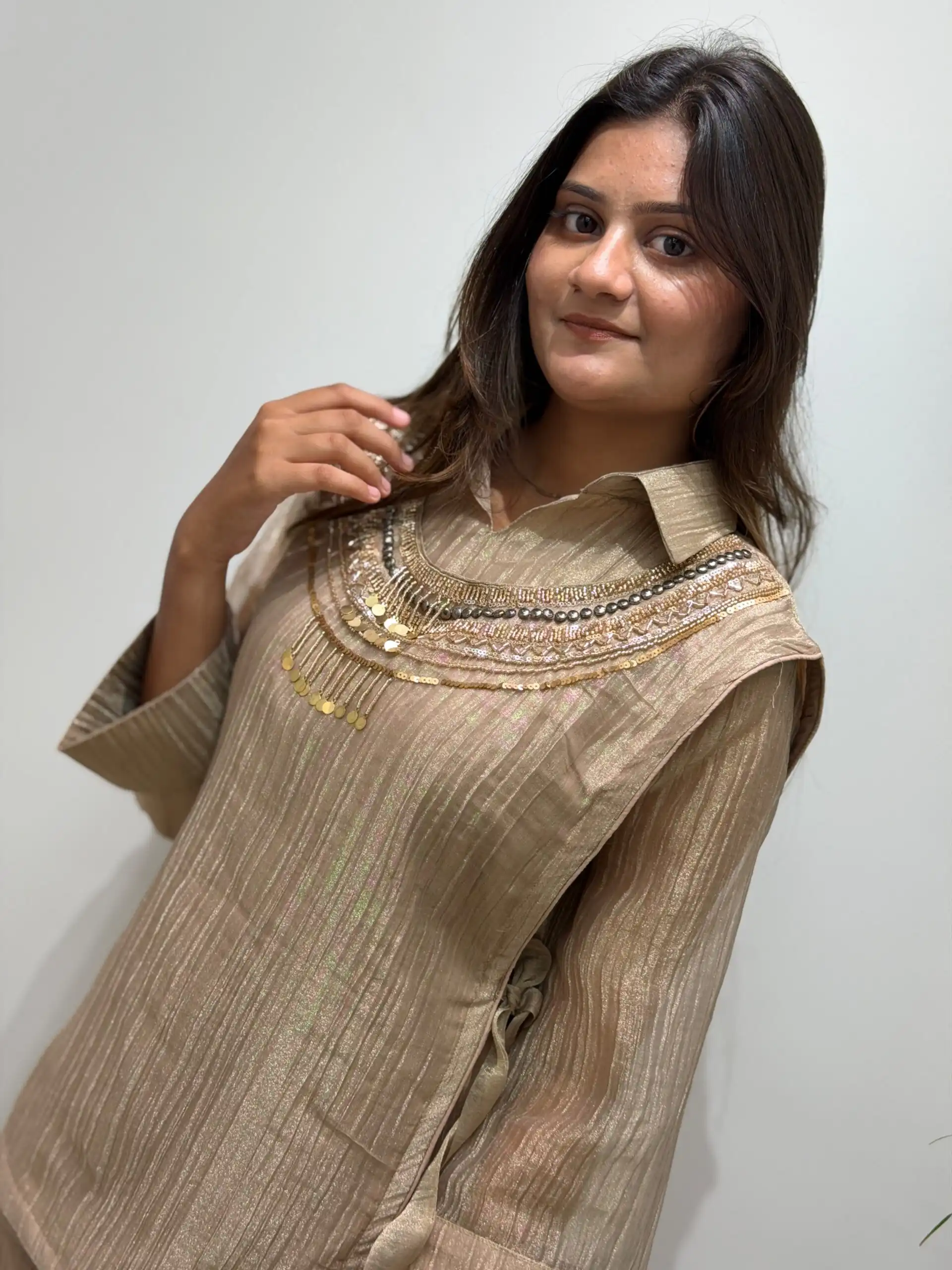 BE 484 Chiku Colour | Brown Salsa Silk Kurti with Hand Work. Get it for ₹2199. Delivery 4-6 Working Days. Online Shop now. | Bollywood Kurti, Creative Kurtis, Designer Kurti, Kurti, Party Wear Kurti, Selfie Kurti