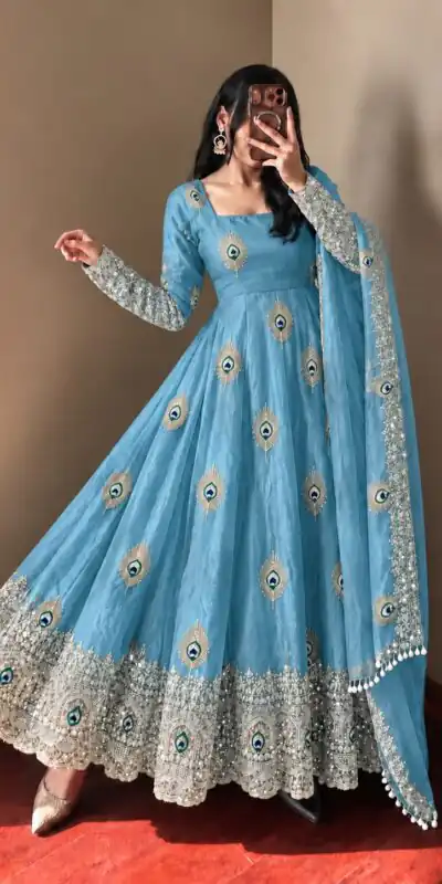 Fancy Blue Fendy Silk Sequins Work Gown