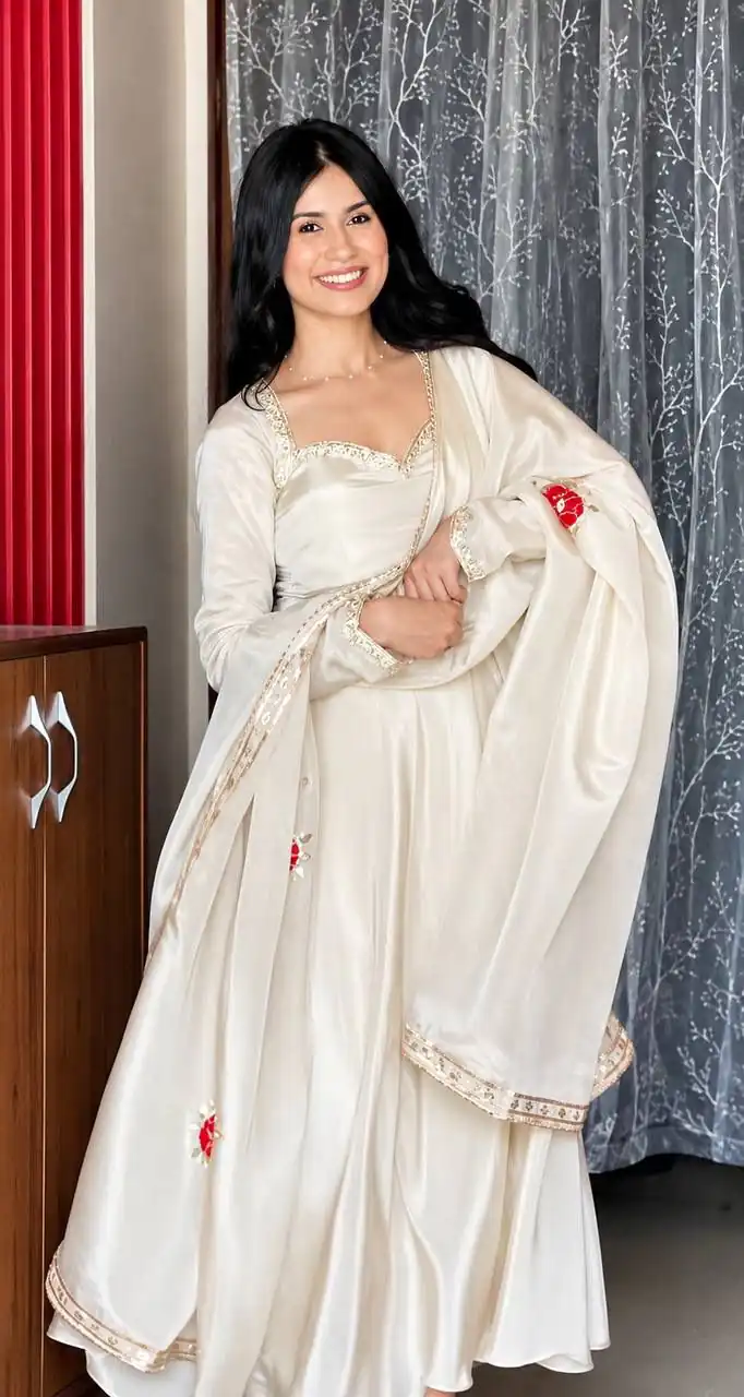 Fancy White Upada Silk Embroidery Work Gown - Image 2