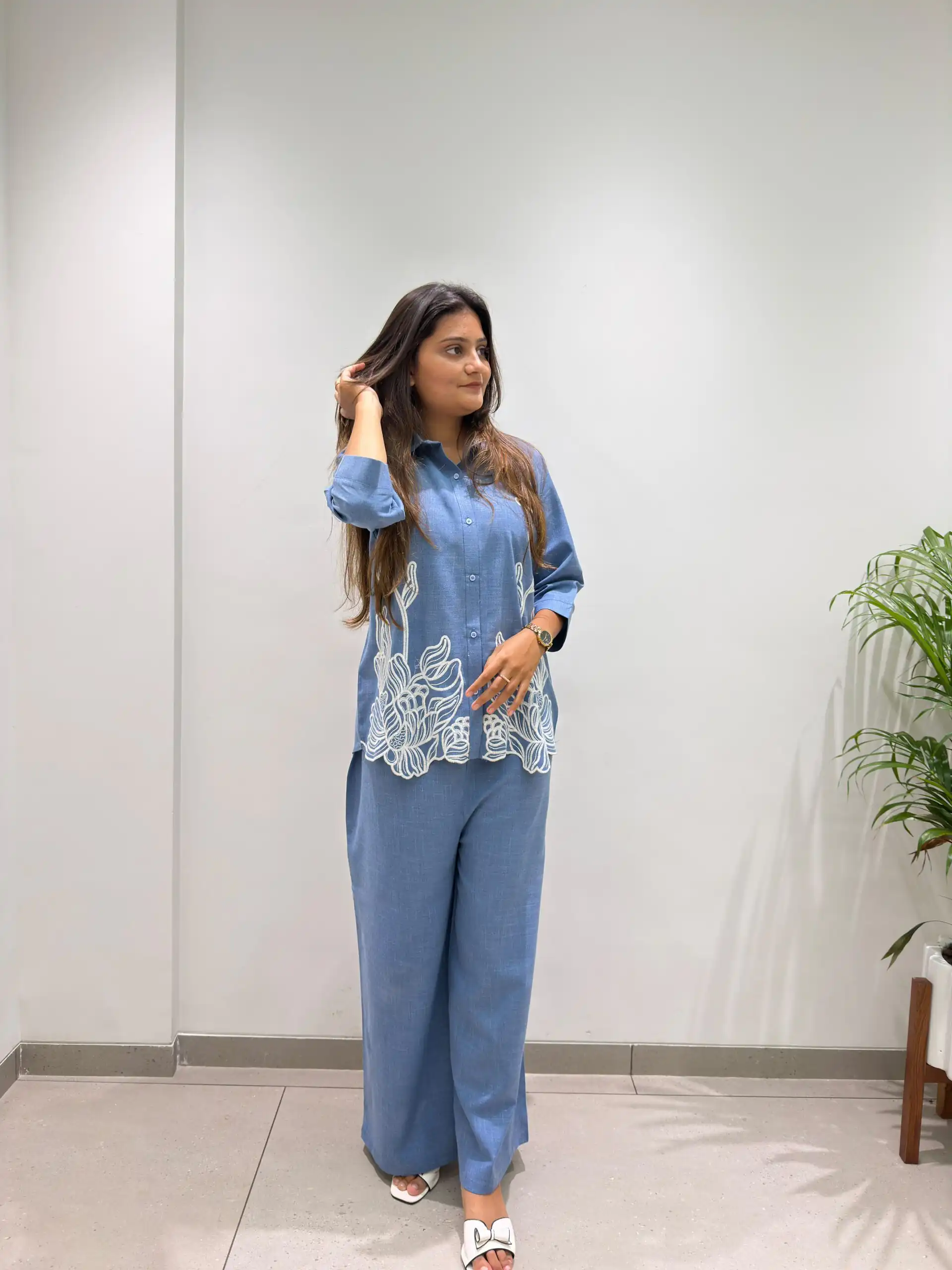 Glowing Blue Cotton Denim Embroider Work Kurti - Image 3