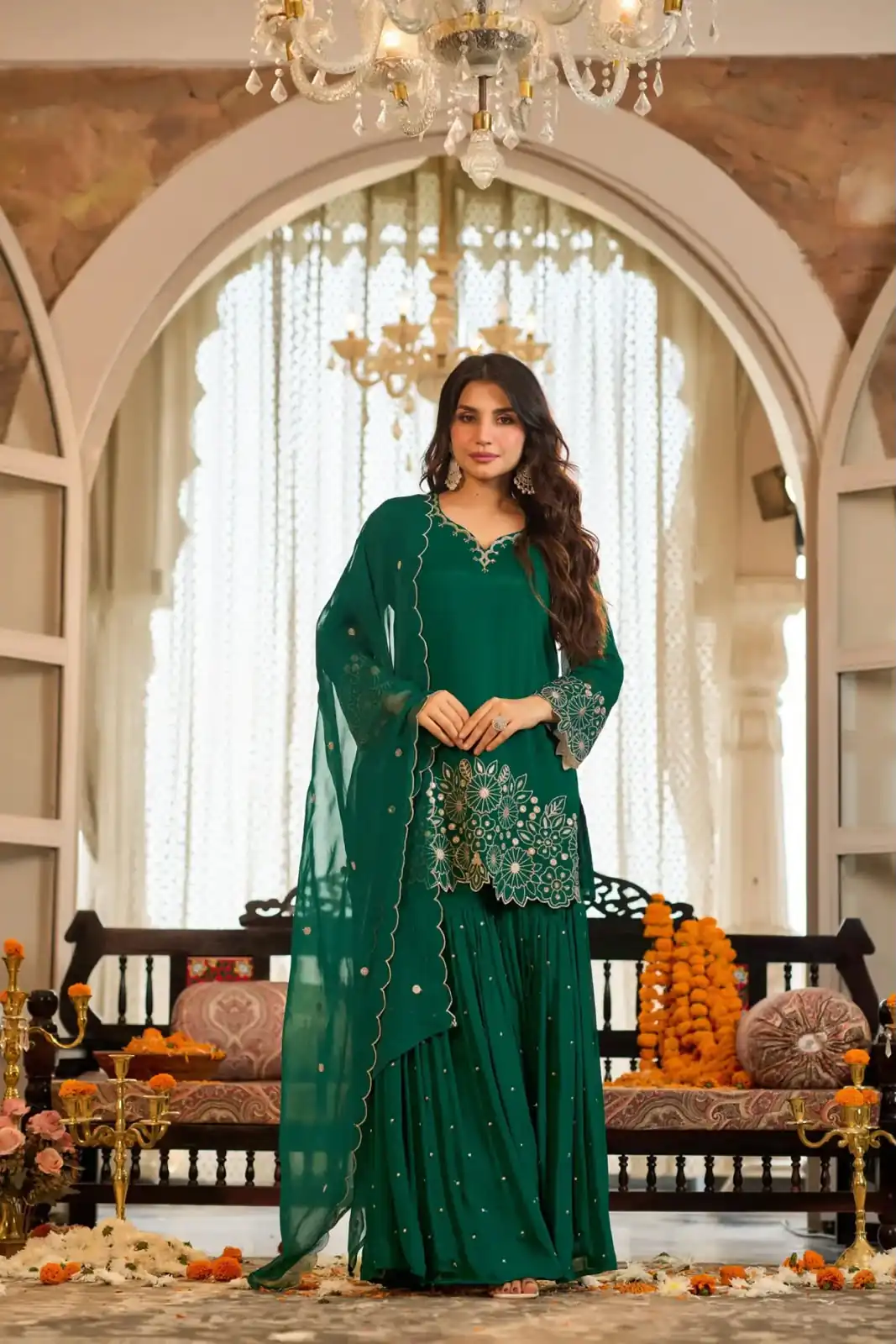 Glowing Green Chinon Silk Sequence Work Salwar Suit - Image 4