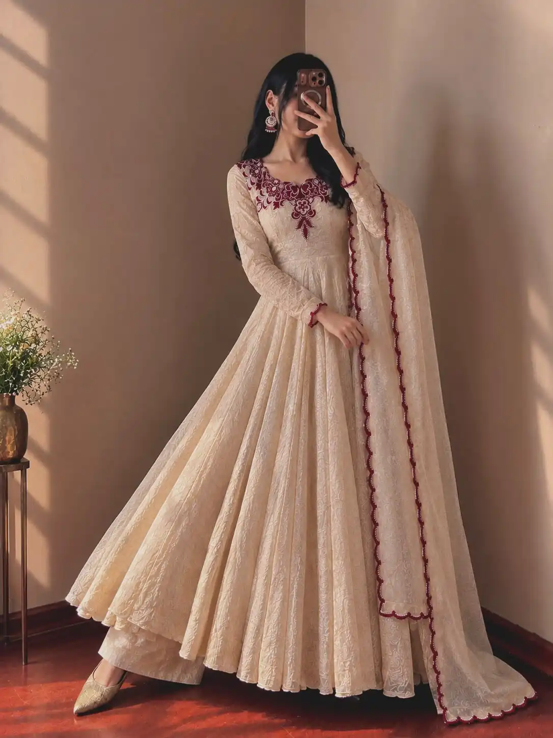 Glowing Maroon Doremon Crush Thread Work Gown - Image 3