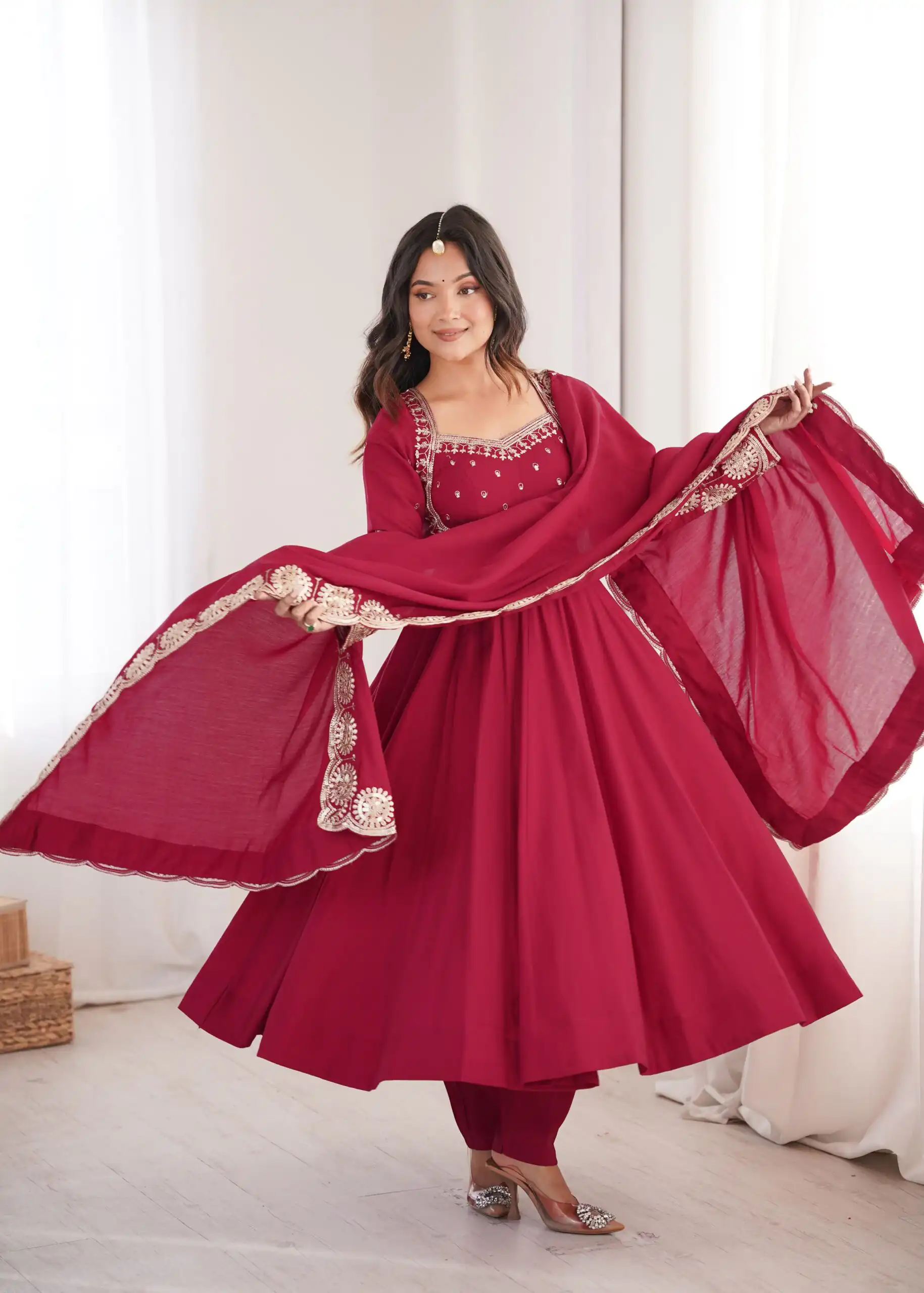 Glowing Maroon Roman Silk Embroidery Work Anarkali Suit - Image 10