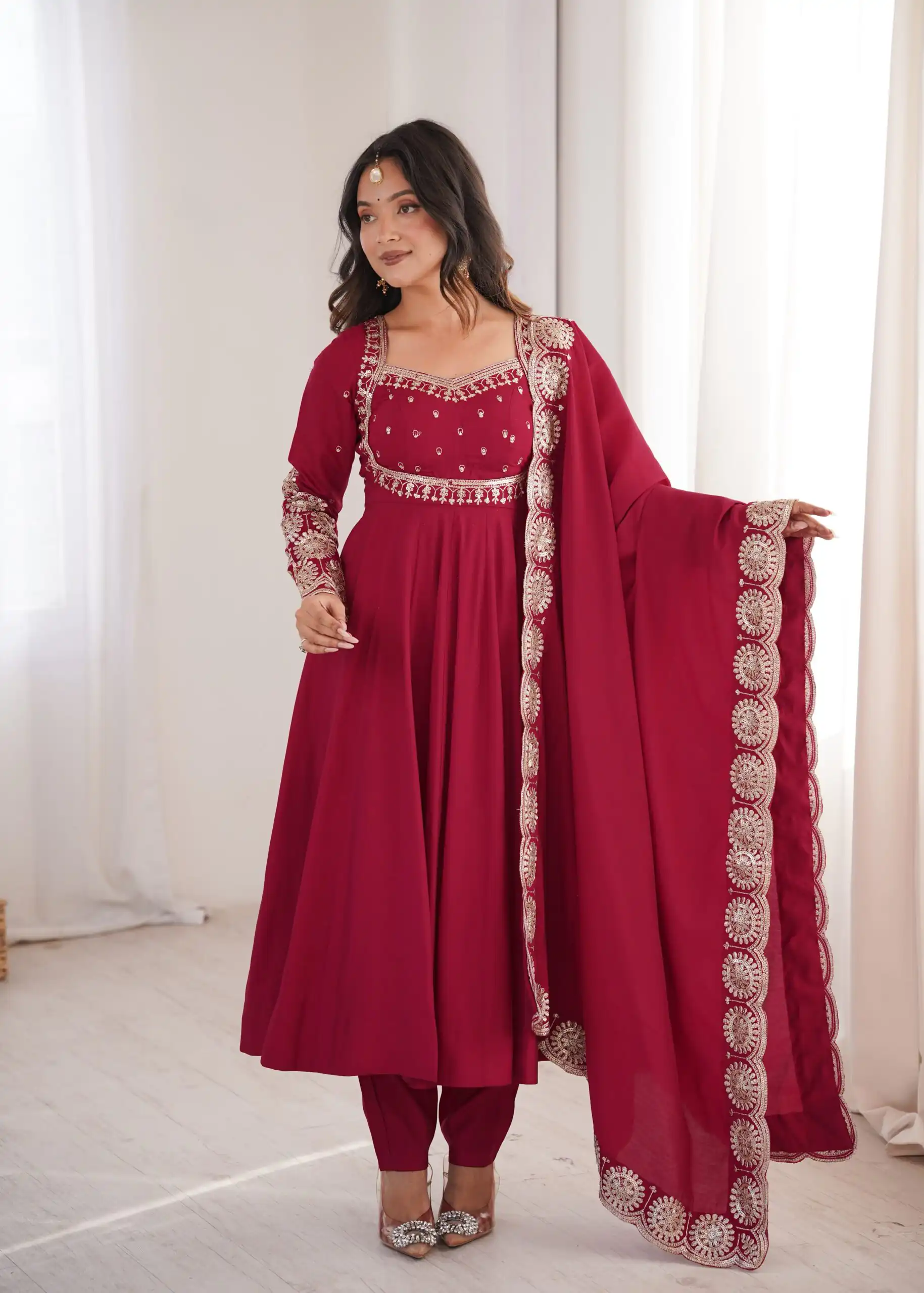 Glowing Maroon Roman Silk Embroidery Work Anarkali Suit