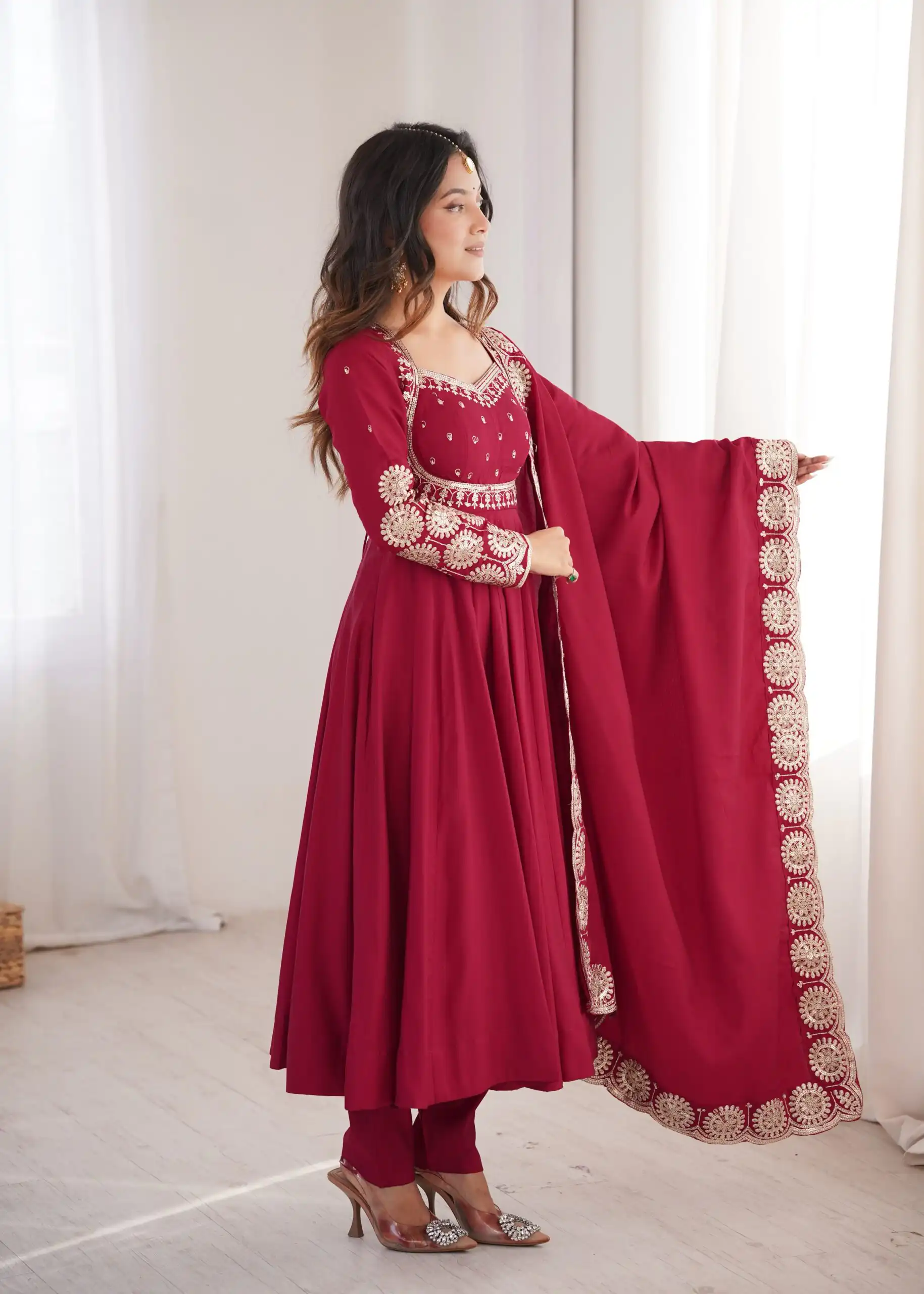 Glowing Maroon Roman Silk Embroidery Work Anarkali Suit - Image 9