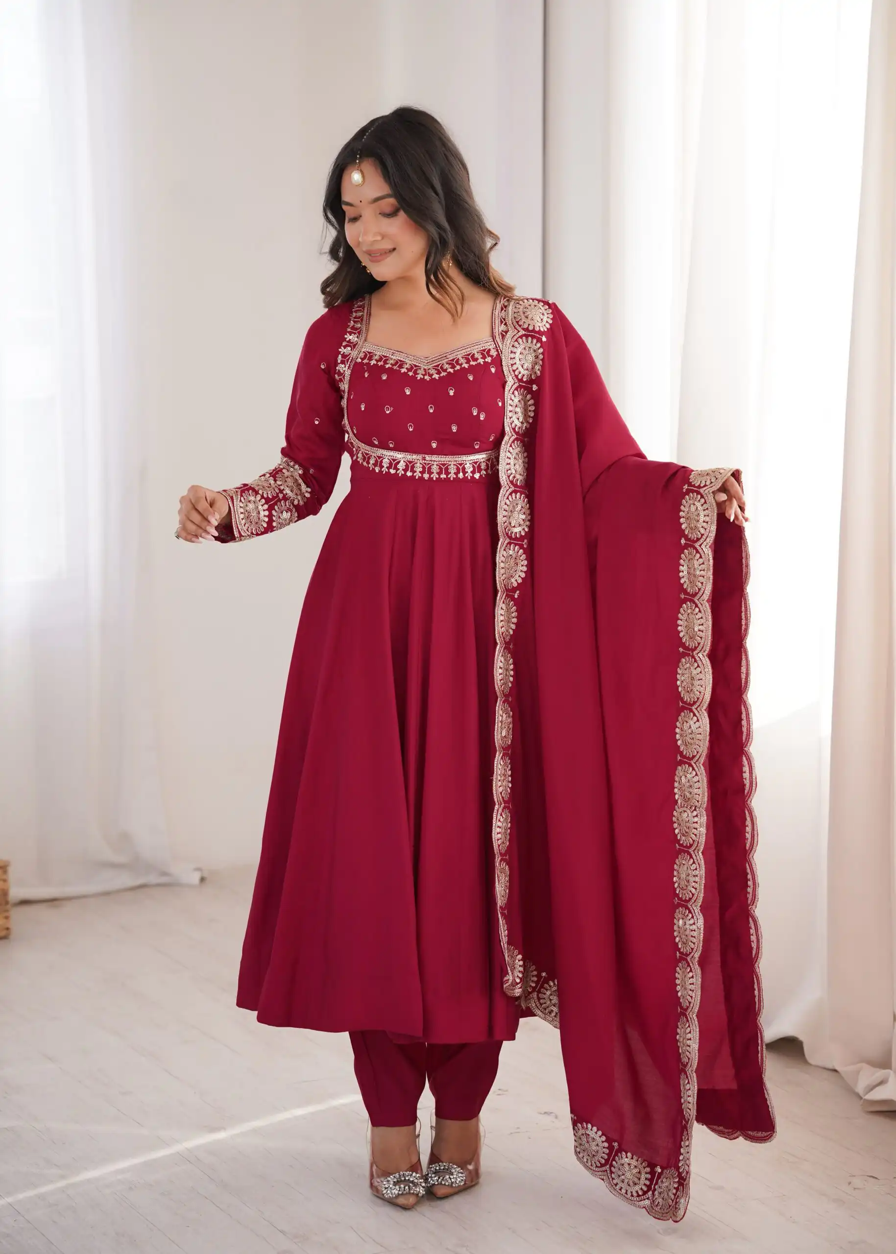 Glowing Maroon Roman Silk Embroidery Work Anarkali Suit - Image 8