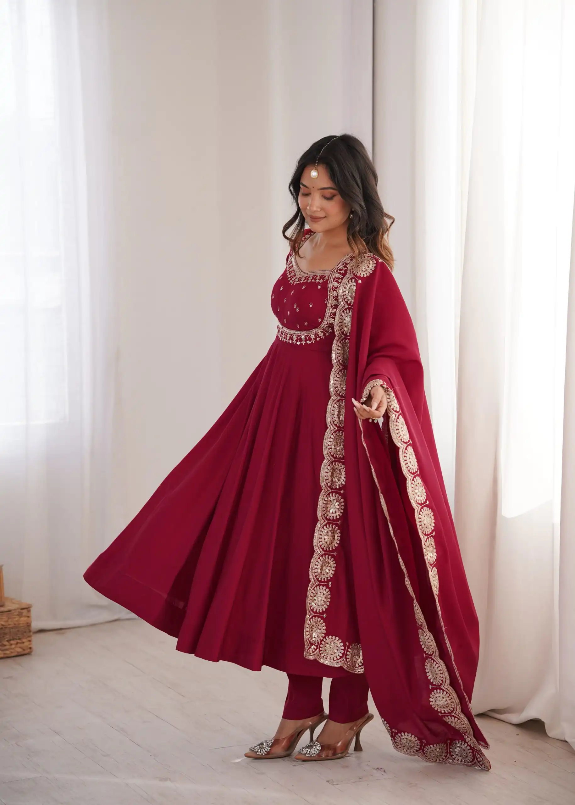 Glowing Maroon Roman Silk Embroidery Work Anarkali Suit - Image 7