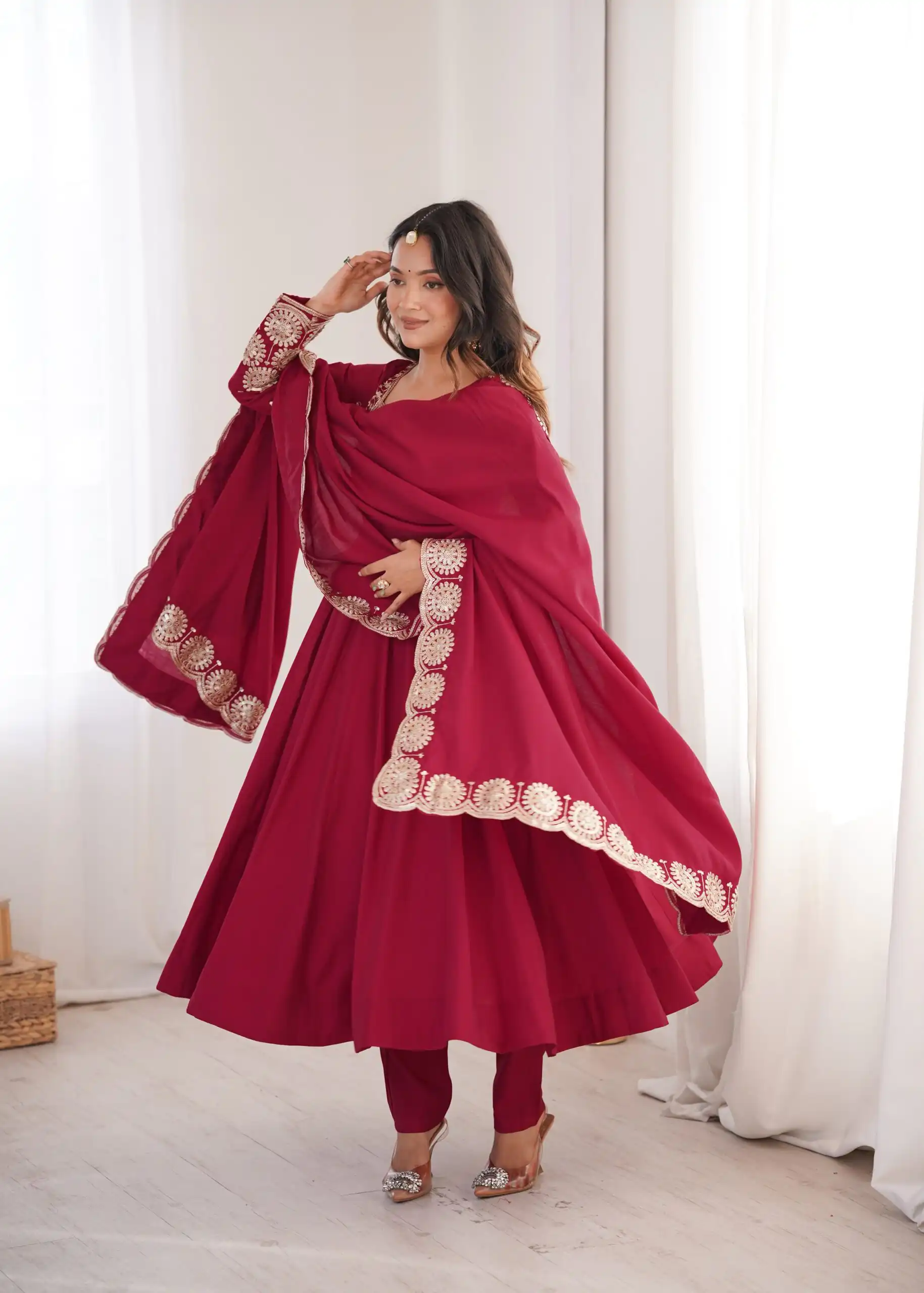 Glowing Maroon Roman Silk Embroidery Work Anarkali Suit - Image 6
