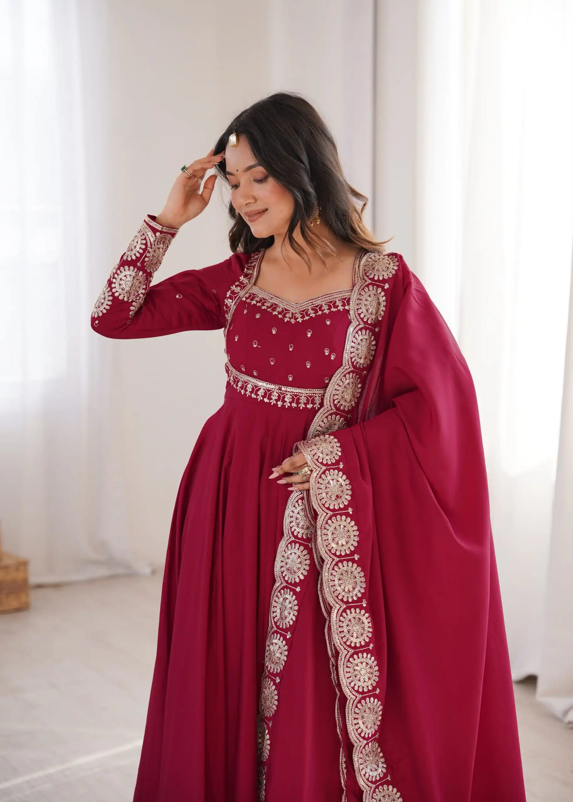 Glowing Maroon Roman Silk Embroidery Work Anarkali Suit - Image 5