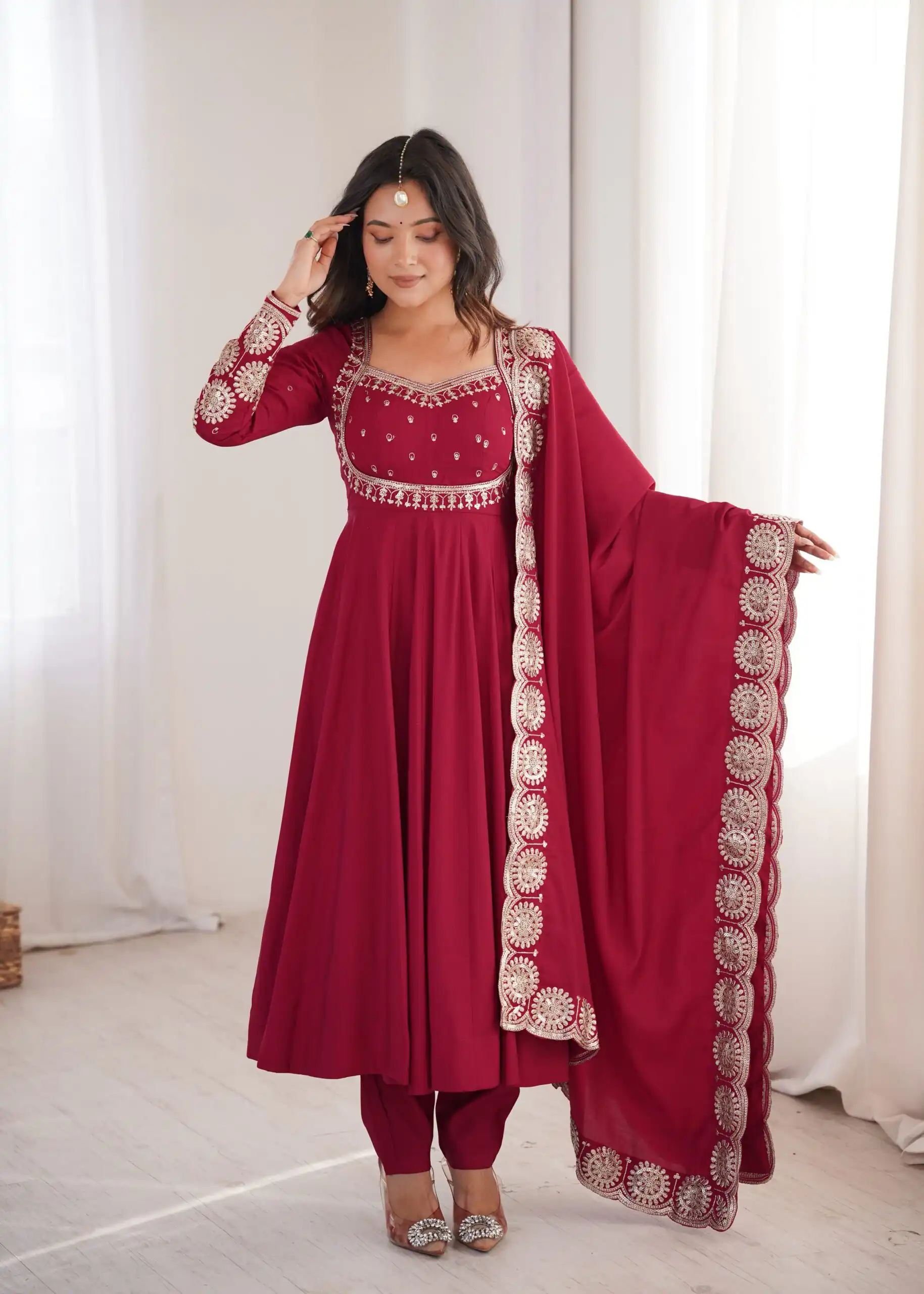 Glowing Maroon Roman Silk Embroidery Work Anarkali Suit - Image 4